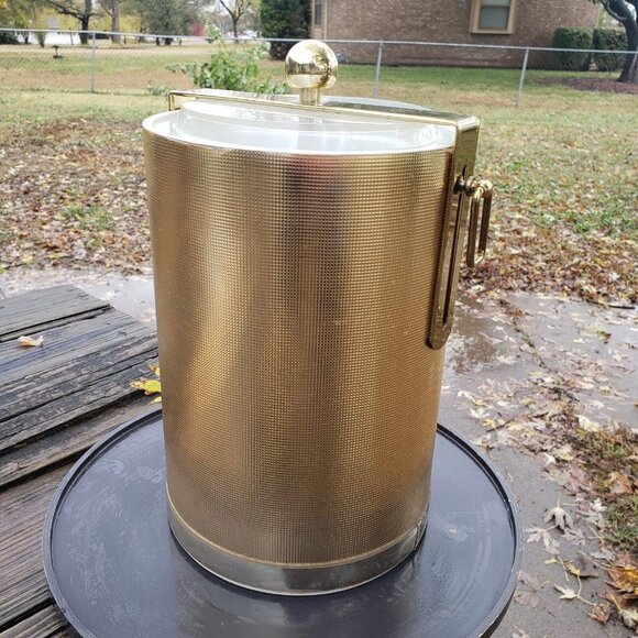 MCM Vintage George Briard Gold 11" Champagne Ice Bucket Metal Handle Lucite Lid - Picture 5 of 16